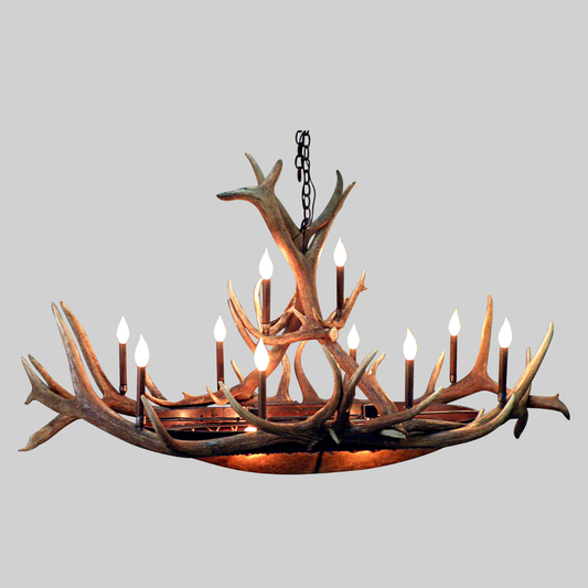Mt. Bross Oval Elk Antler Chandelier With Rawhide & Mica Iron Base - 12 Lights
