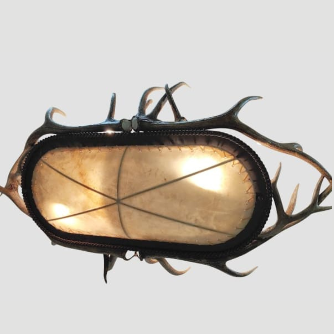 Mt. Bross Oval Elk Antler Chandelier With Rawhide & Mica Iron Base - 12 Lights