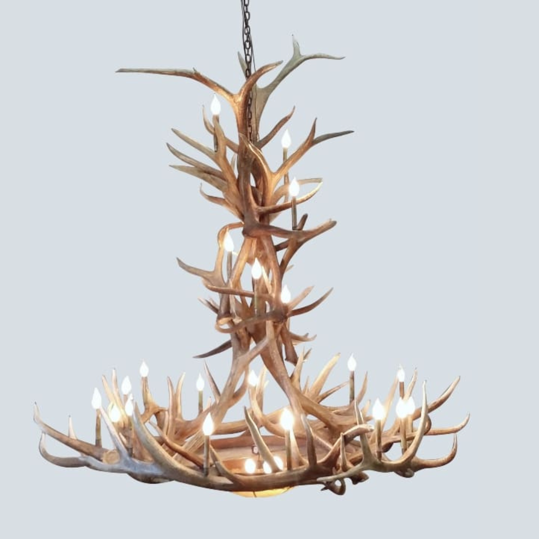 Mt. Bross Elk Antler Chandelier With Rawhide & Mica Iron Base, Extra Large - 22 Lights