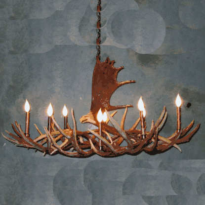 Peak Moose Antler Eagle Over Mule Deer Chandelier - 8 Light