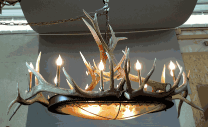 Mt. Bross Oval Elk Antler Chandelier With Rawhide & Mica Iron Base - 12 Lights