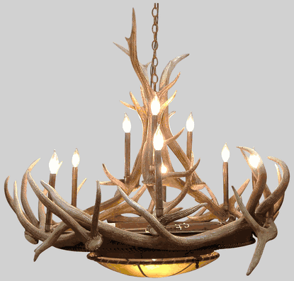 Mt. Bross Elk Antler Chandelier With Rawhide & Mica Iron Base, Medium - 10 Lights