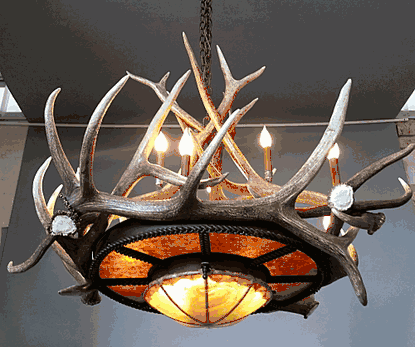 Mt. Bross Elk Antler Chandelier With Rawhide & Mica Iron Base, Medium - 10 Lights