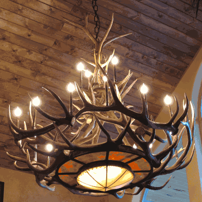 Mt. Bross Elk Antler Chandelier With Rawhide & Mica Iron Base, Extra Large - 22 Lights