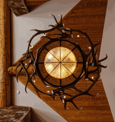 Mt. Bross Elk Antler Chandelier With Rawhide & Mica Iron Base, Extra Large - 22 Lights